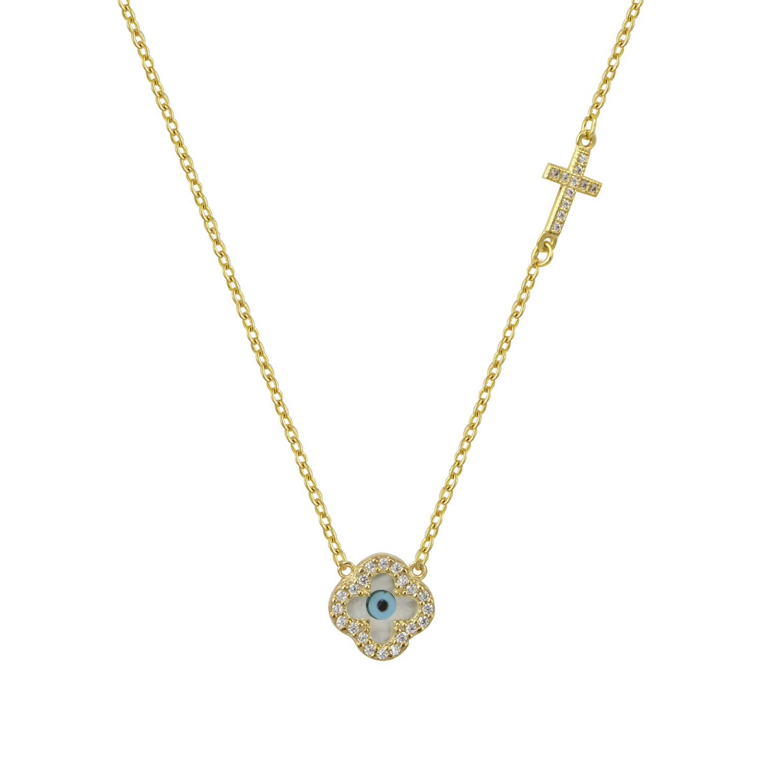 Κολιέ επίχρυσο με αλυσίδα, Cz τετράφυλλο τριφύλλι ασήμι 925