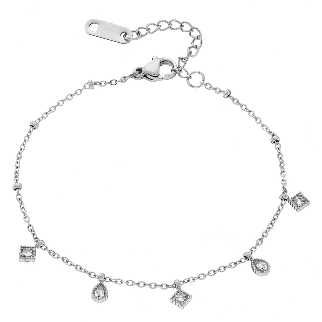 Βραχιόλι γυναικείο ασημί με άσπρες πουάρ και τετράγωνες πέτρες ατσάλι 316L