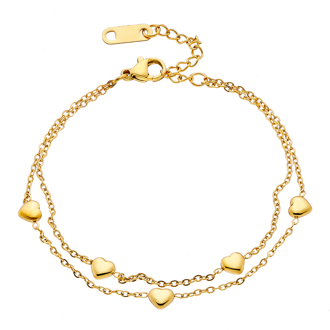 Βραχιόλι γυναικείο επιχρυσωμένο, διπλή αλυσίδα ατσάλι με καρδιές 316L