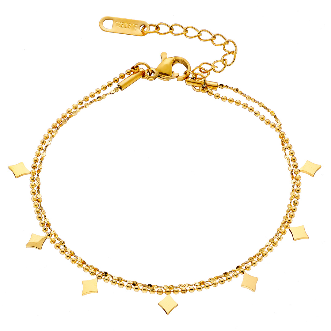 Βραχιόλι γυναικείο επιχρυσωμένο, διπλή με μπιλάκια αλυσίδα & ρόμβους ατσάλι 316L