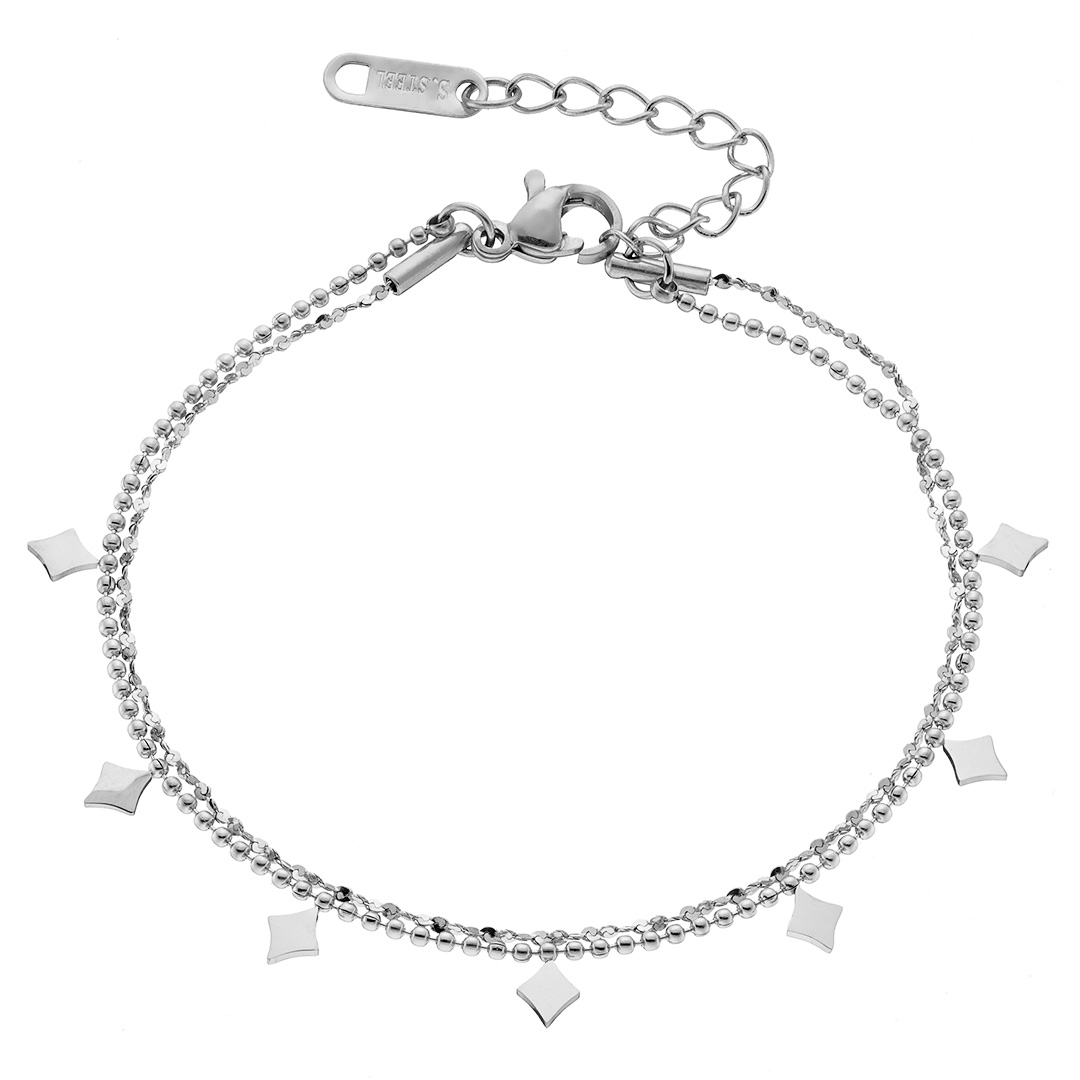 Βραχιόλι γυναικείο ασημί, διπλή με μπιλάκια αλυσίδα & ρόμβους ατσάλι 316L