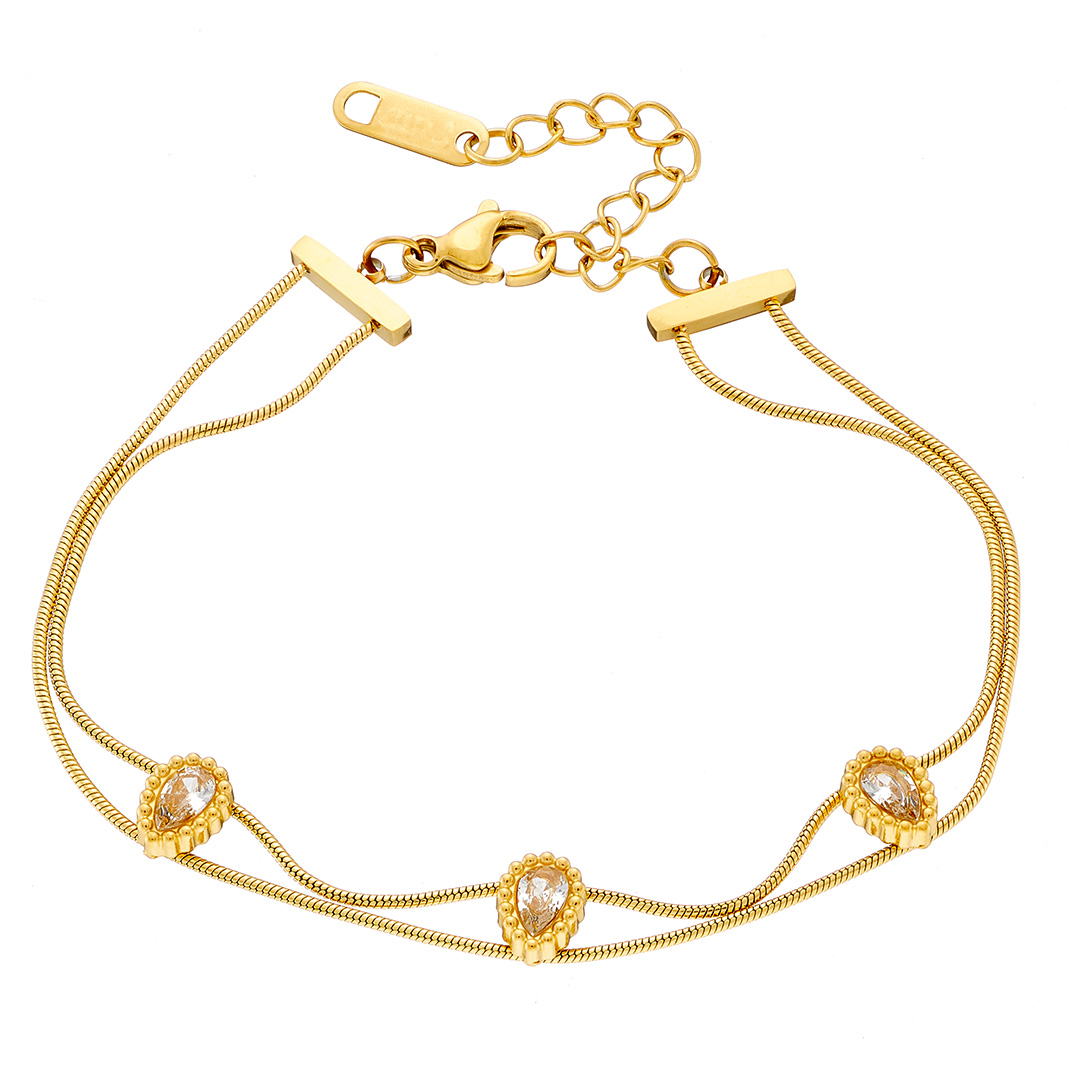 Βραχιόλι γυναικείο επιχρυσωμένο, διπλή snake αλυσίδα Cz πουάρ ατσάλι 316L