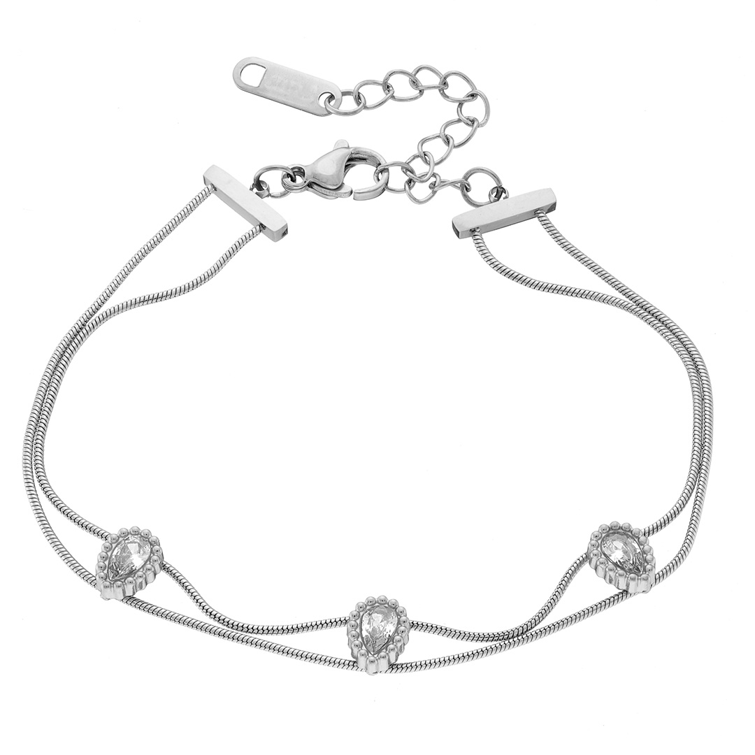 Βραχιόλι γυναικείο ασημί, διπλή snake αλυσίδα Cz πουάρ ατσάλι 316L