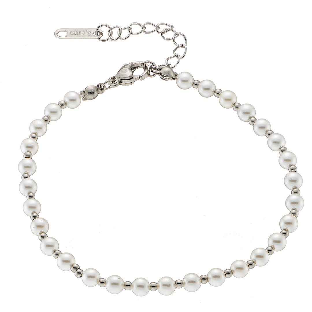 Βραχιόλι γυναικείο ασημί, δεμένες στρογγυλές πέρλες με μπιλάκια ατσάλι 316L