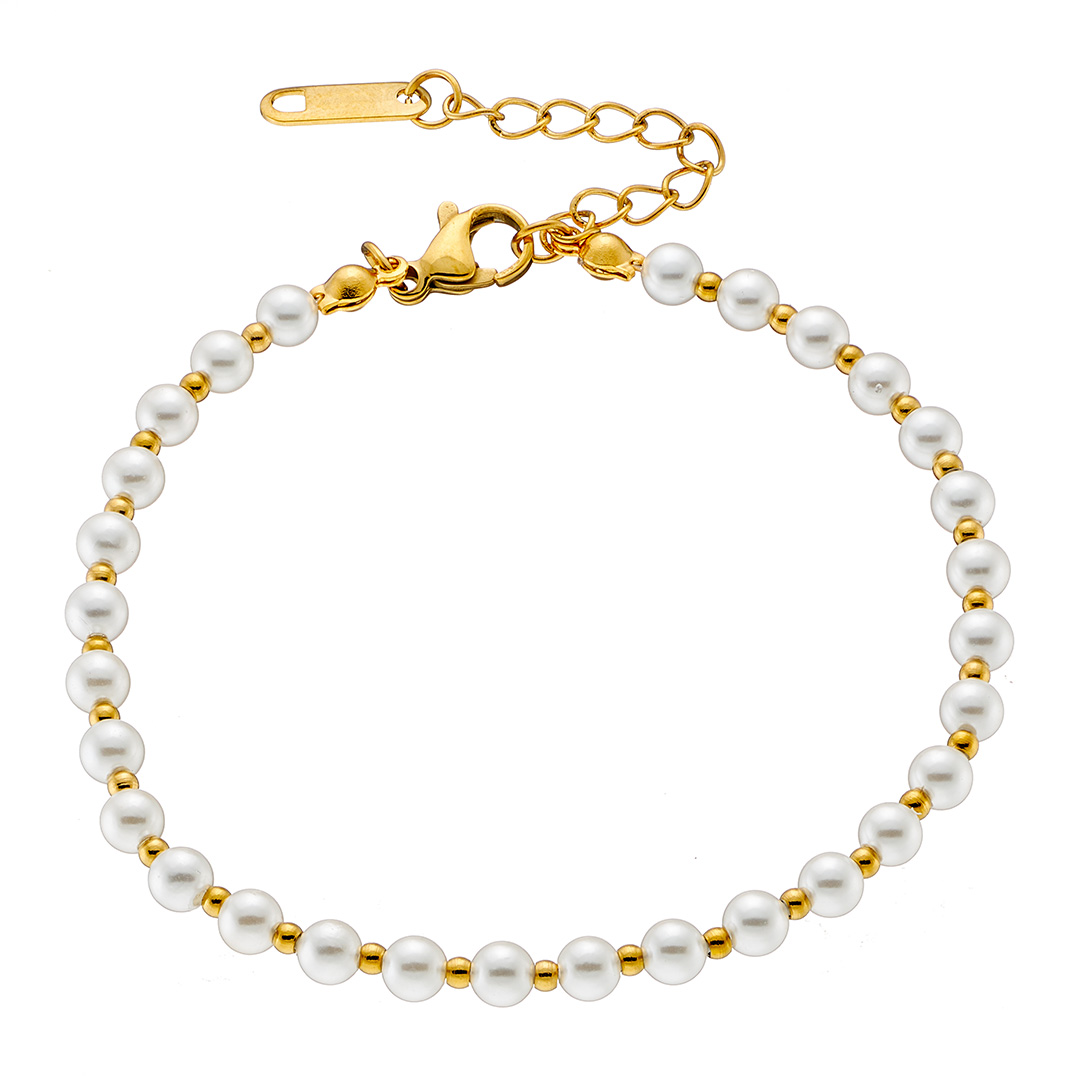 Βραχιόλι γυναικείο επιχρυσωμένο, δεμένες στρογγυλές πέρλες με μπιλάκια ατσάλι 316L