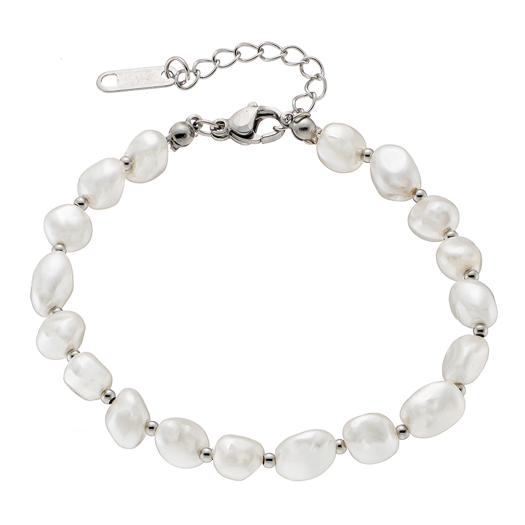 Βραχιόλι γυναικείο ασημί, δεμένες ακανόνιστες πέρλες με μπιλάκια ατσάλι 316L