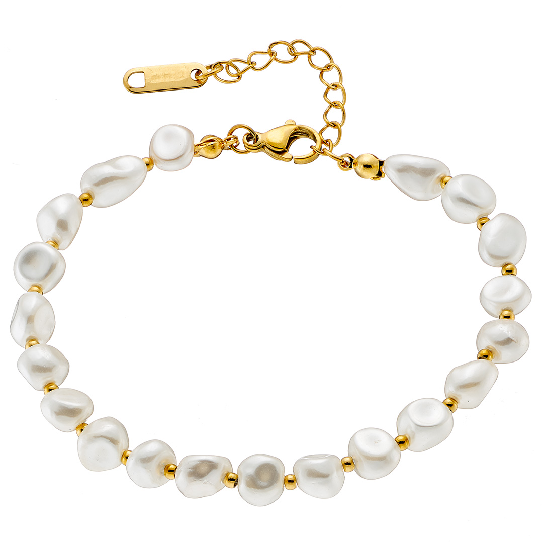 Βραχιόλι γυναικείο επιχρυσωμένο, δεμένες ακανόνιστες πέρλες με μπιλάκια ατσάλι 316L