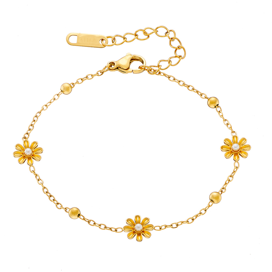 Βραχιόλι γυναικείο επιχρυσωμένο, τρείς μαργαρίτες, μπιλάκια ατσάλι 316L
