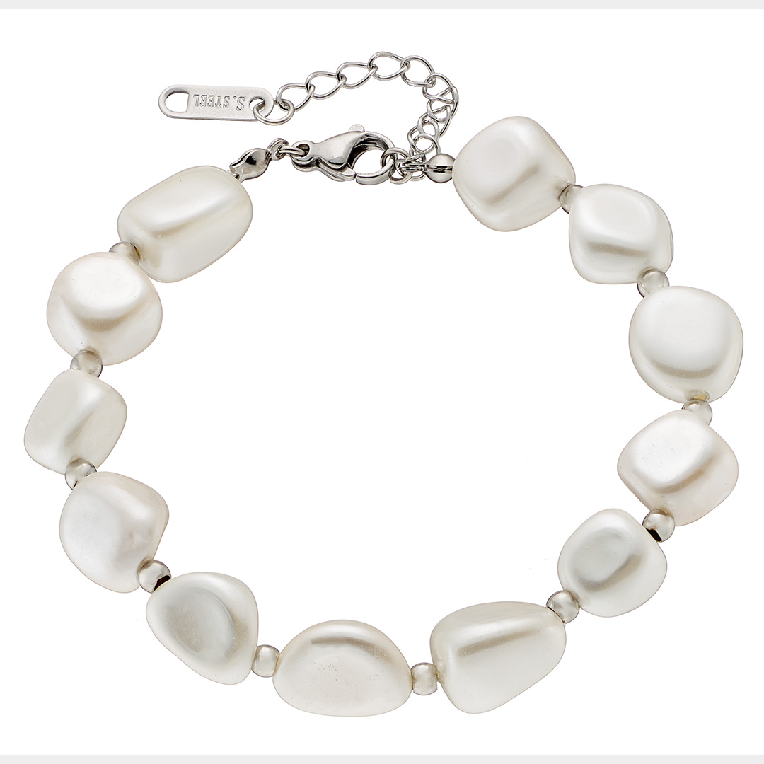 Βραχιόλι γυναικείο ασημί, δεμένες ακανόνιστες πέρλες με μπιλάκια ατσάλι 316L