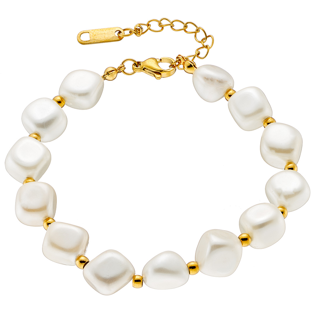 Βραχιόλι γυναικείο επιχρυσωμένο, δεμένες ακανόνιστες πέρλες με μπιλάκια ατσάλι 316L