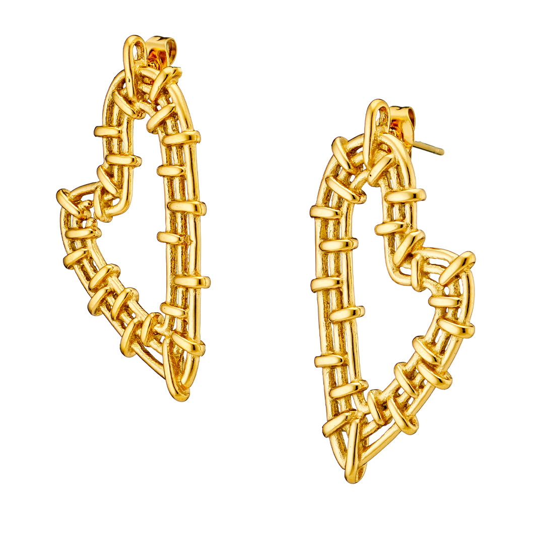 Σκουλαρίκια, επιχρυσωμένα, καρδιές με αγκάθια ατσάλι 316L