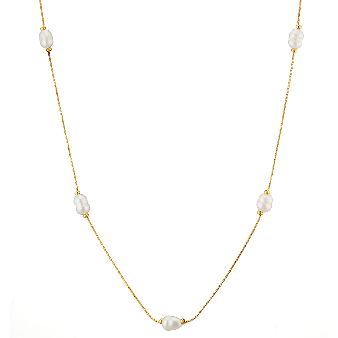 Κολιέ γυναικείο, επιχρυσωμένο,αλυσίδα με μαργαριτάρια, ατσάλι 316L