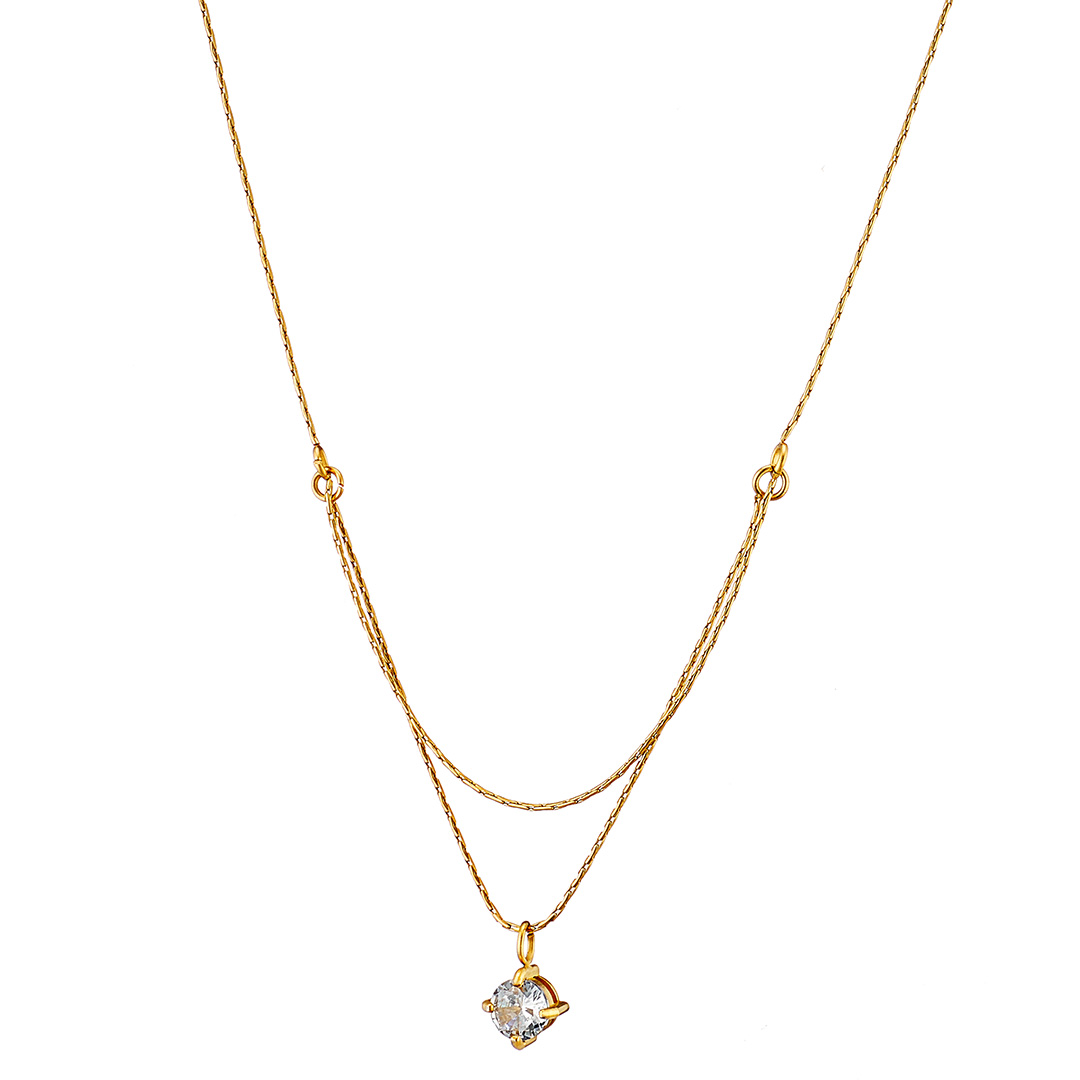 Κολιέ γυναικείο, επιχρυσωμένο διπλή αλυσίδα με ένα ζιργκόν, ατσάλι 316L