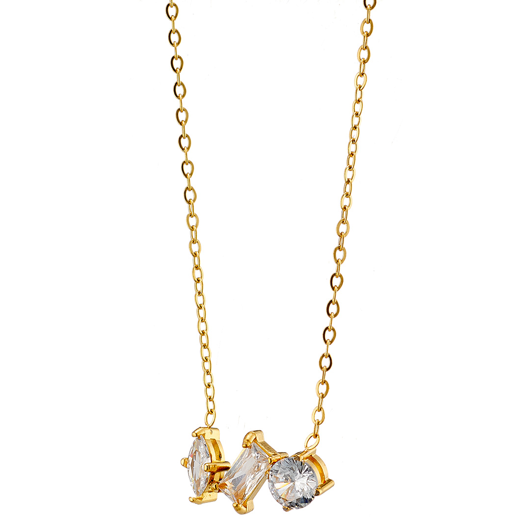 Κολιέ γυναικείο, επιχρυσωμένη αλυσίδα με τρία διαφορετικά σχήματα ζιργκόν, ατσάλι 316L