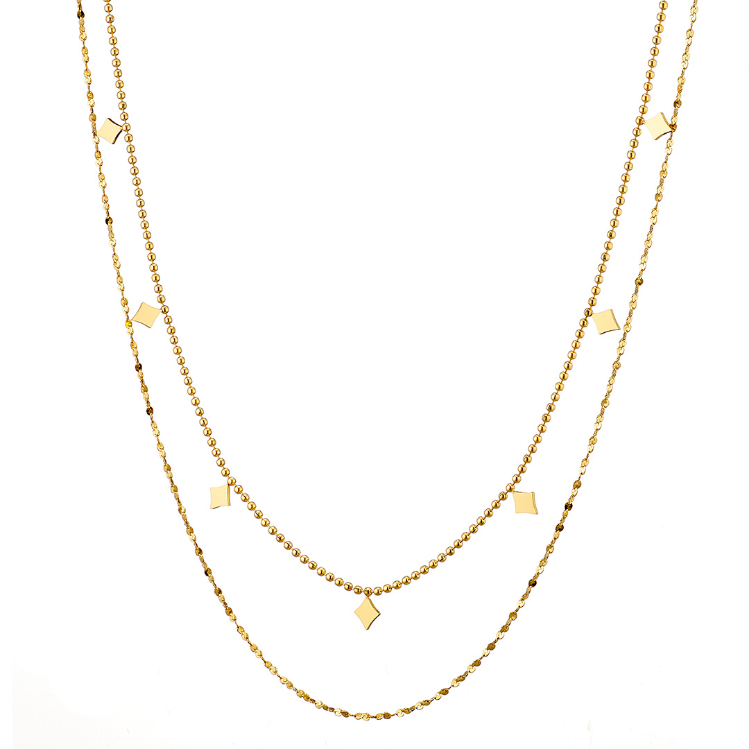 Κολιέ γυναικείο, επιχρυσωμένο διπλό κολιέ με τετράγωνα μενταγιόν, ατσάλι 316L