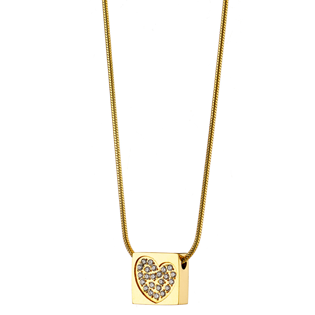 Κολιέ γυναικείο, επιχρυσωμένο με τετράγωνο μενταγιόν & cz σε παβέ, ατσάλι 316L