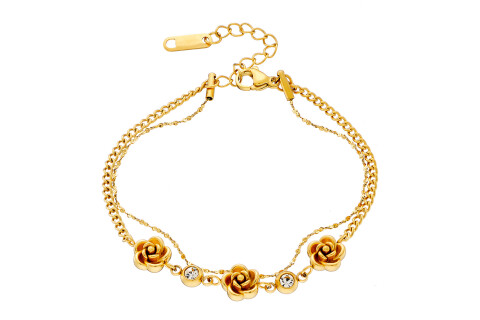 Βραχιόλι γυναικείο, επιχρυσωμένη αλυσίδα με στοιχεία λουλούδια και cz, ατσάλι 316L