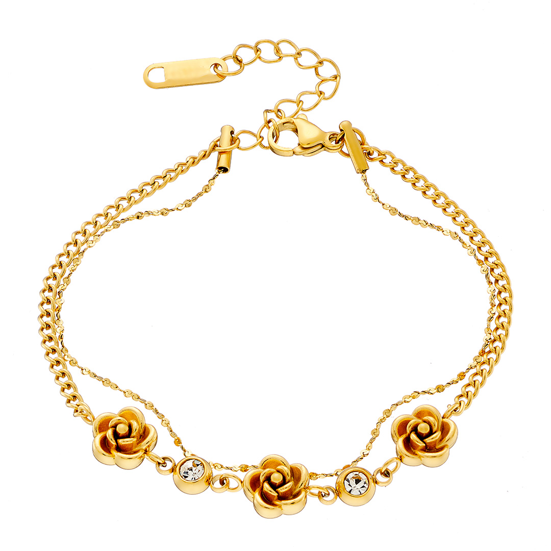 Βραχιόλι γυναικείο, επιχρυσωμένη αλυσίδα με στοιχεία λουλούδια και cz, ατσάλι 316L