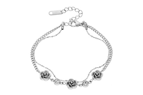 Βραχιόλι γυναικείο, ασημί αλυσίδα με στοιχεία λουλούδια και cz, ατσάλι 316L