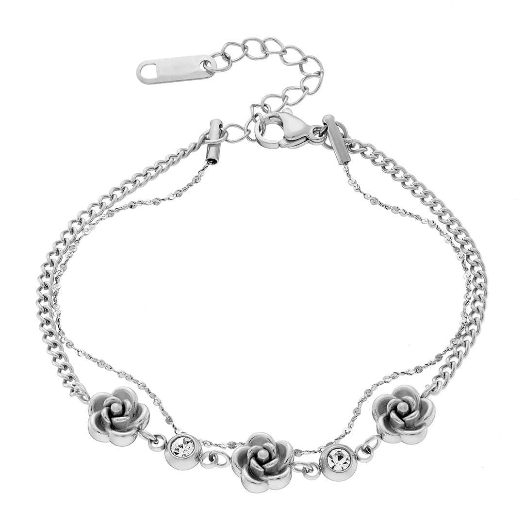 Βραχιόλι γυναικείο, ασημί αλυσίδα με στοιχεία λουλούδια και cz, ατσάλι 316L