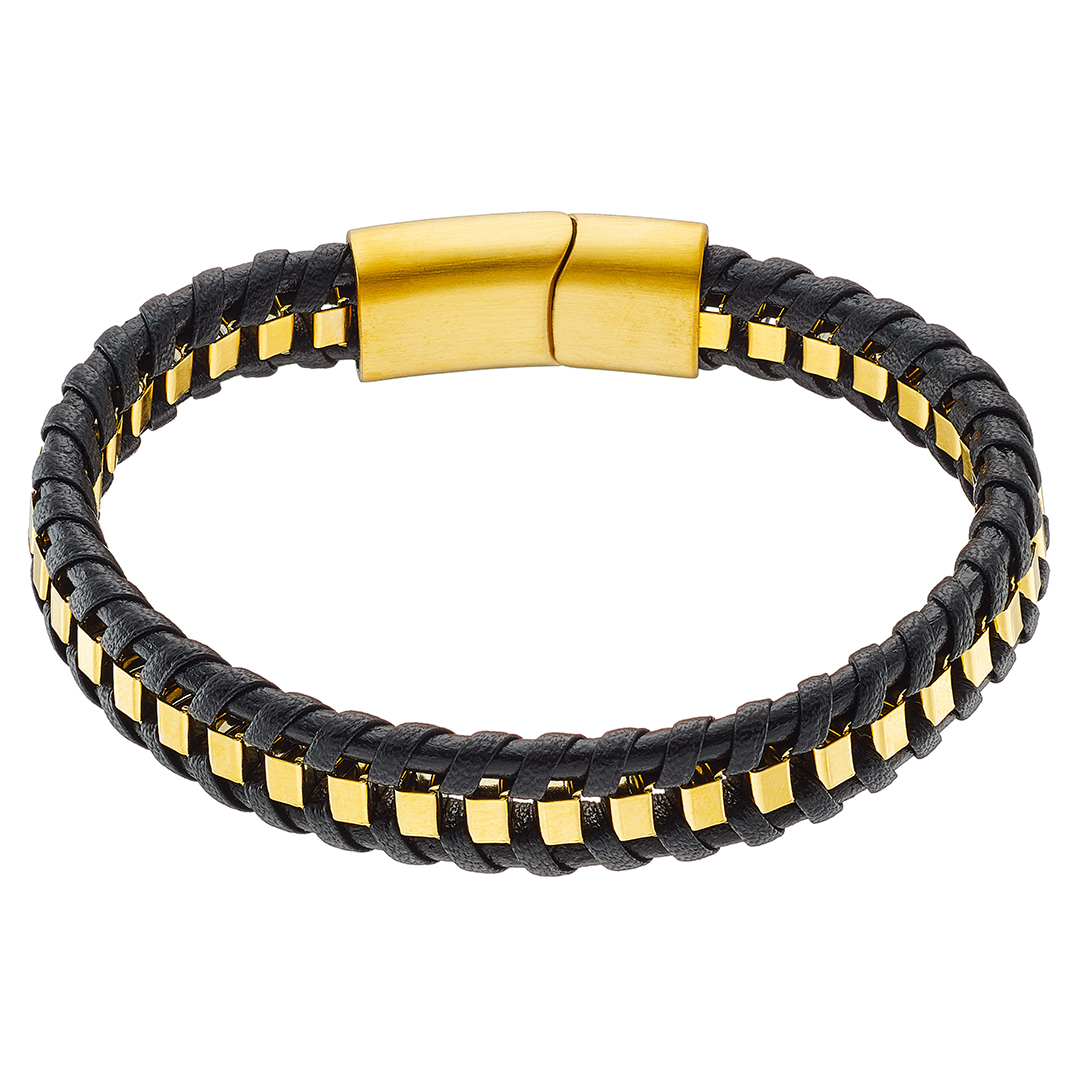 Βραχιόλι με μαύρο δέρμα πλεχτό και επίχρυσο μέταλλο, ατσάλι 316L