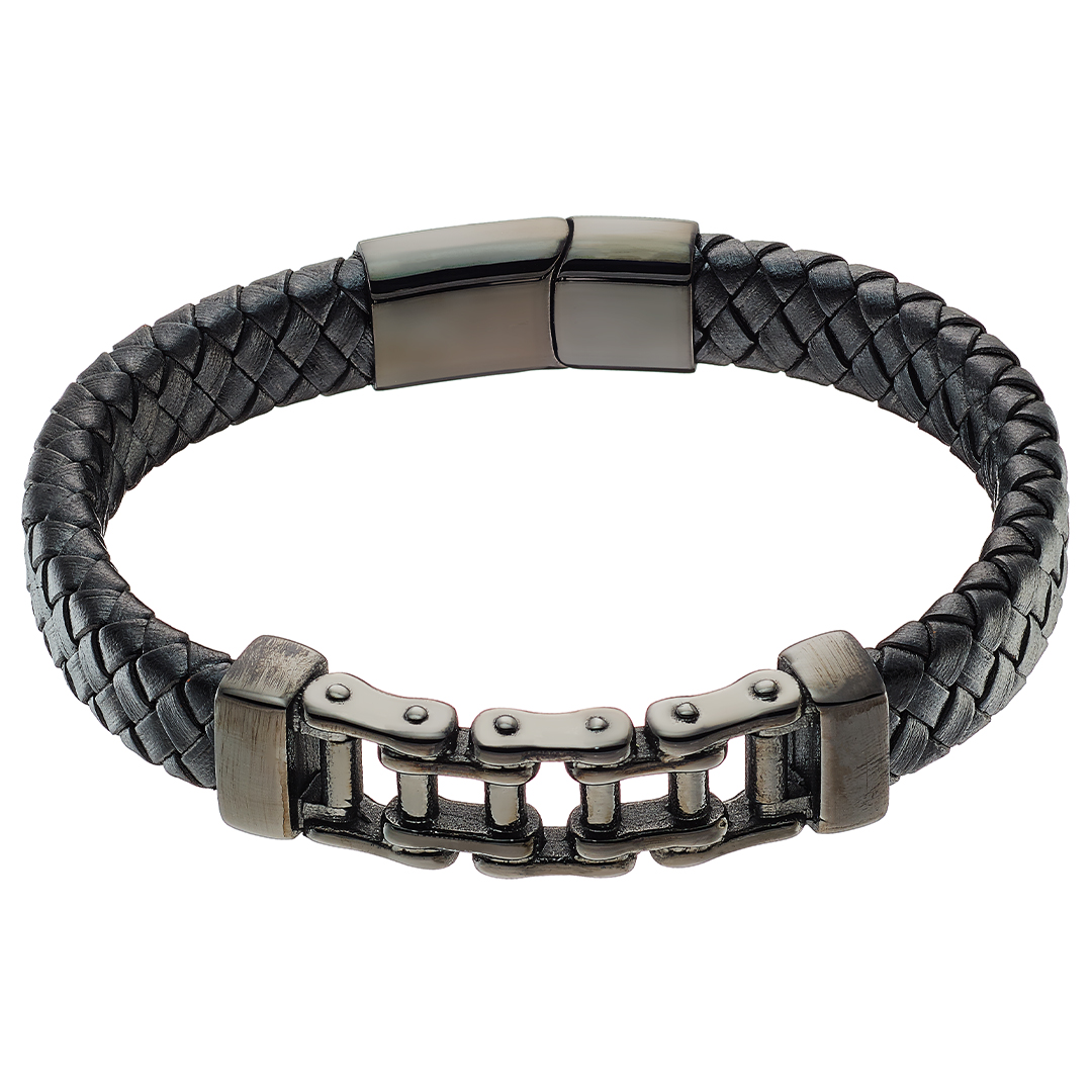 Βραχιόλι με μαύρο δέρμα καί αλυσίδα, ατσάλι 316L