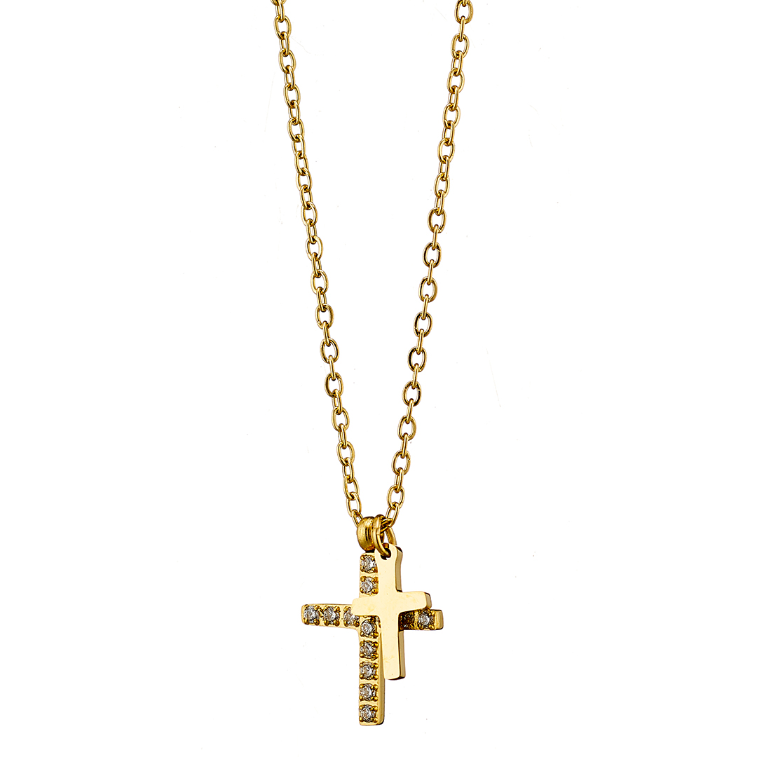Κολιέ επίχρυσο Σταυρός διπλός με ζιργκον ατσάλι 316L
