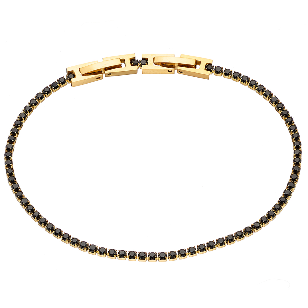 Βραχιόλι επίχρυσο γυναικείο ριβιέρα με 2mm μαύρες πέτρες ατσάλι 316L