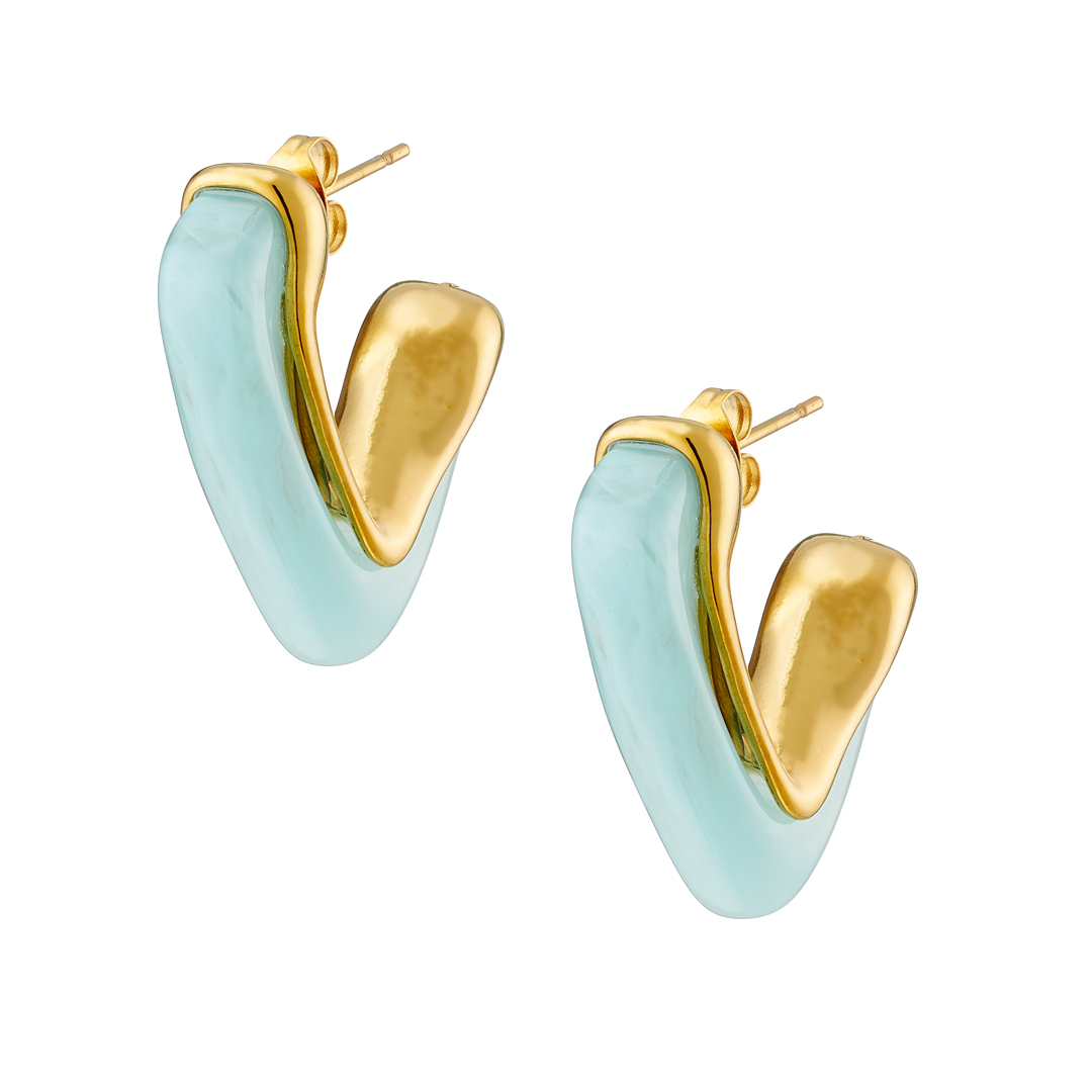 Σκουλαρίκι επίχρυση καρδιά με Aqua σμάλτο ατσάλι 316L