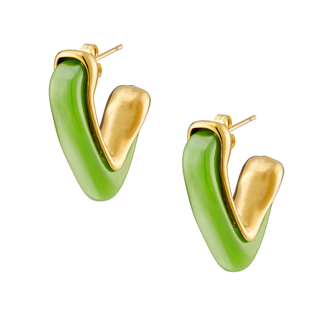 Σκουλαρίκι επίχρυση καρδιά με fern green σμάλτο ατσάλι 316L