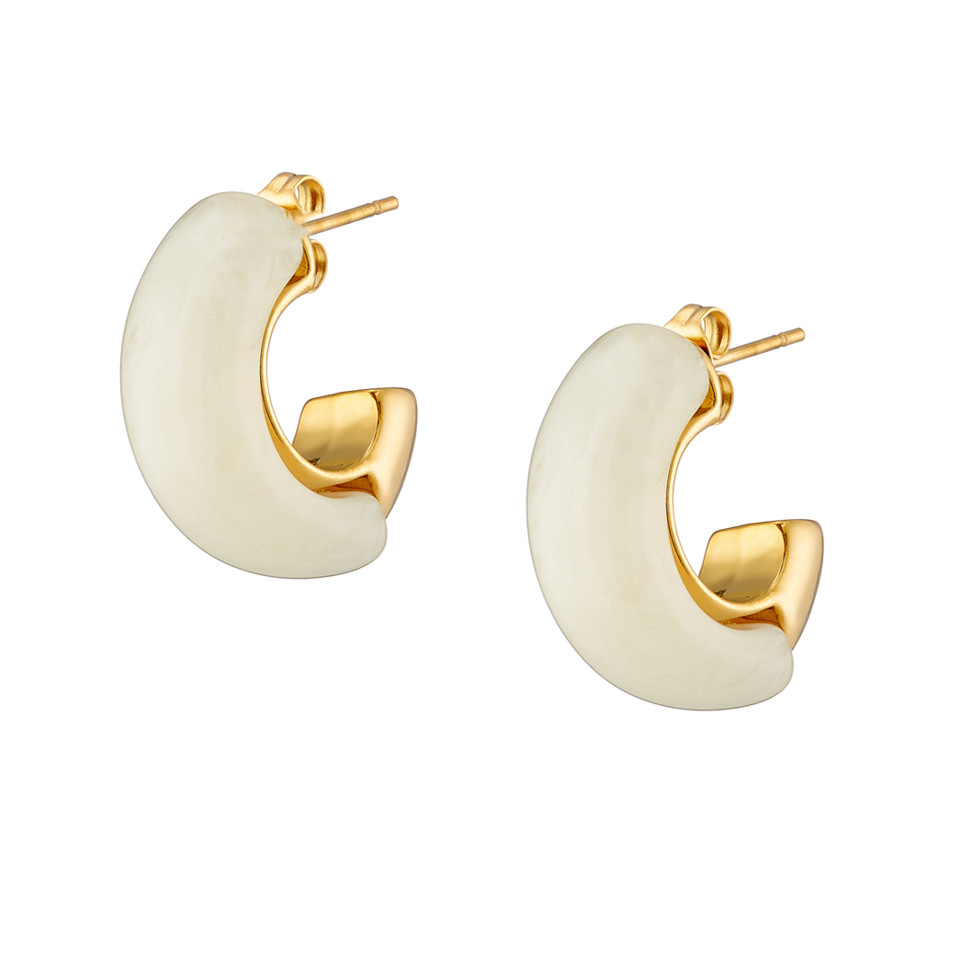 Σκουλαρίκι επίχρυσoς κρίκος με white alabaster σμάλτο ατσάλι 316L